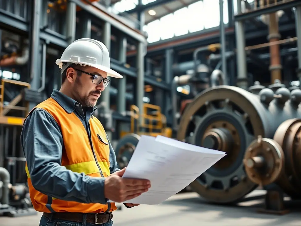 A consultant in a hard hat reviewing blueprints with a steel plant manager, set against the backdrop of a bustling steel production facility.