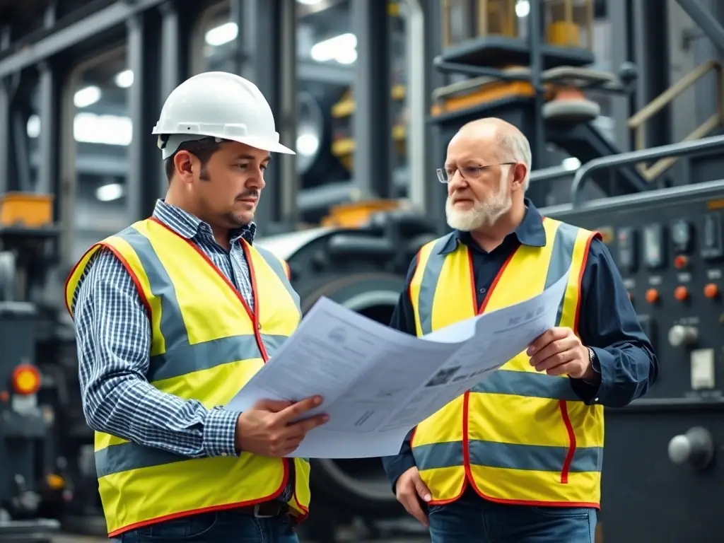 A consultant in a hard hat reviewing blueprints with a steel plant manager, emphasizing the collaborative and expert-driven nature of MELTEC Co's consulting services.
