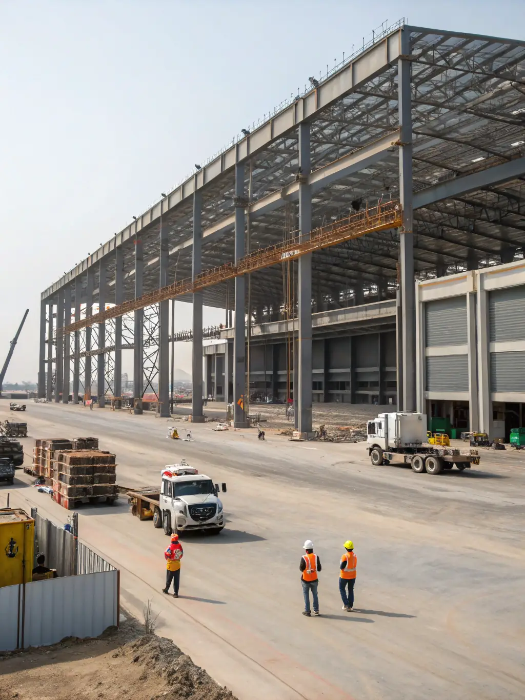 A steel plant under construction with cranes and workers on-site, representing MELTEC Co's comprehensive turn-key and EPC project capabilities.