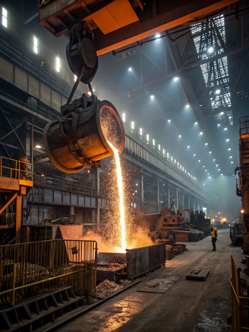 A high-resolution image of a continuous casting machine in operation within a steel plant, highlighting MELTEC Co's state-of-the-art CCM technology.