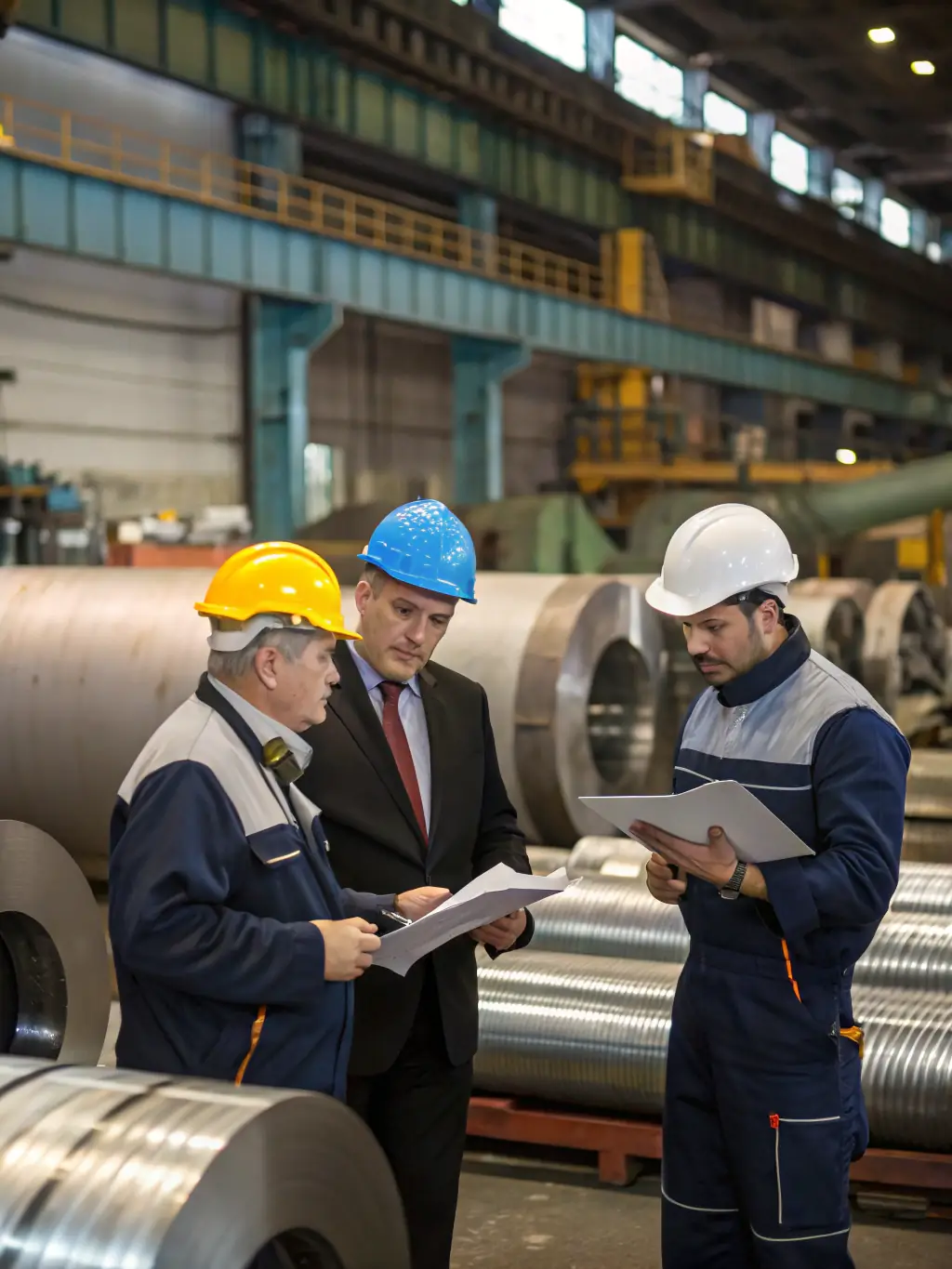 A professional consulting team analyzing steel plant data on digital tablets, illustrating MELTEC Co's expert consulting services.