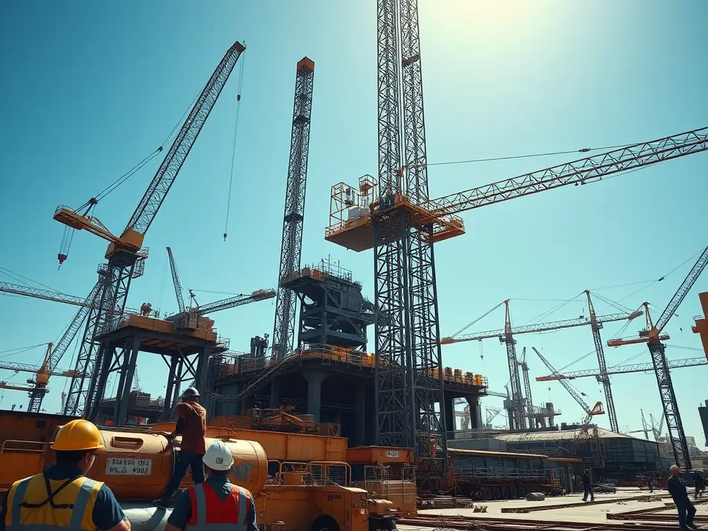 A wide shot of a steel plant construction site, focusing on the initial stages of a turnkey project with MELTEC Co's branding subtly visible on equipment or signage.