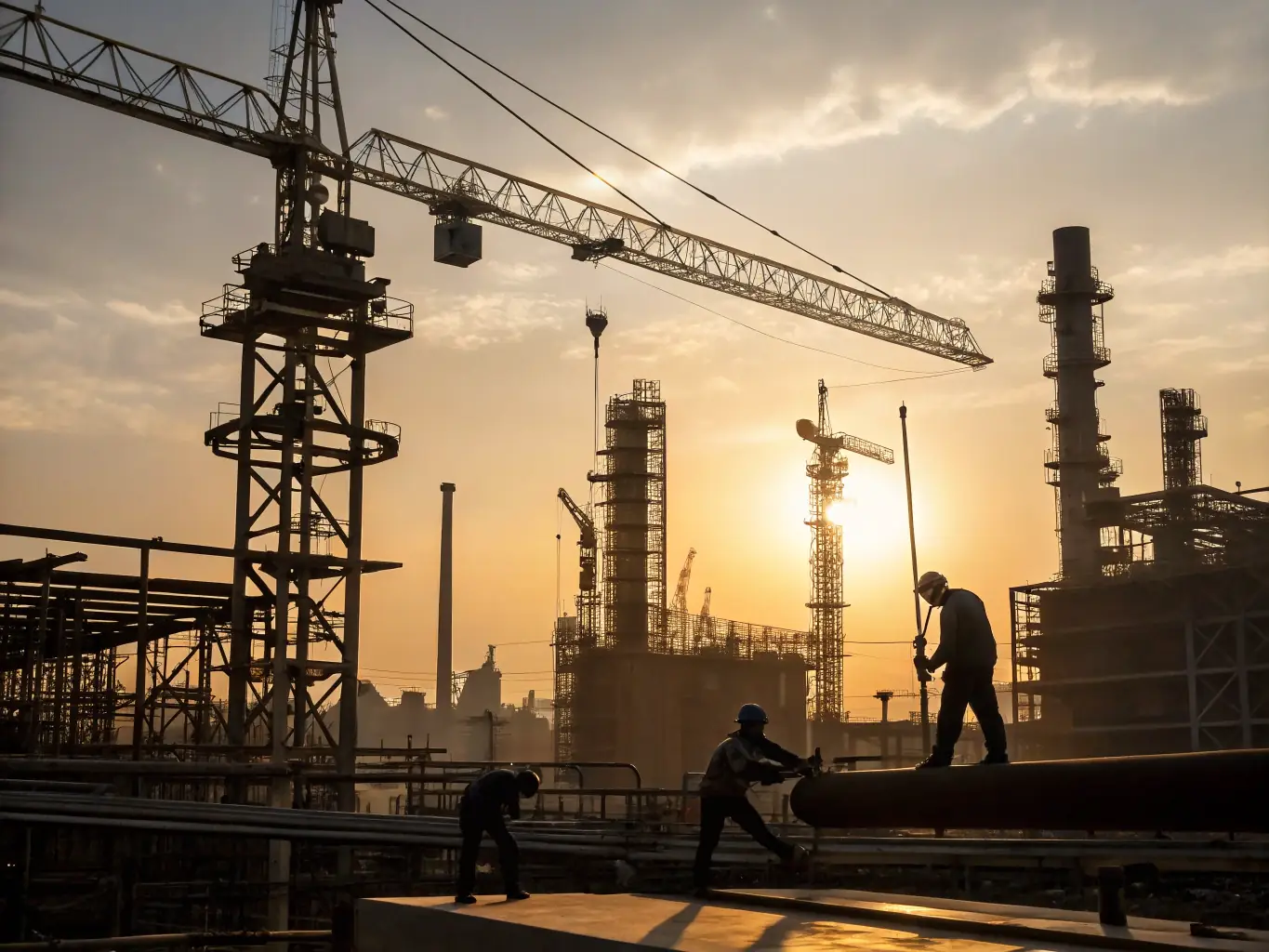 A high-angle shot of a modern steel plant construction site, focusing on the initial stages of a turn-key project with workers and heavy machinery in action.